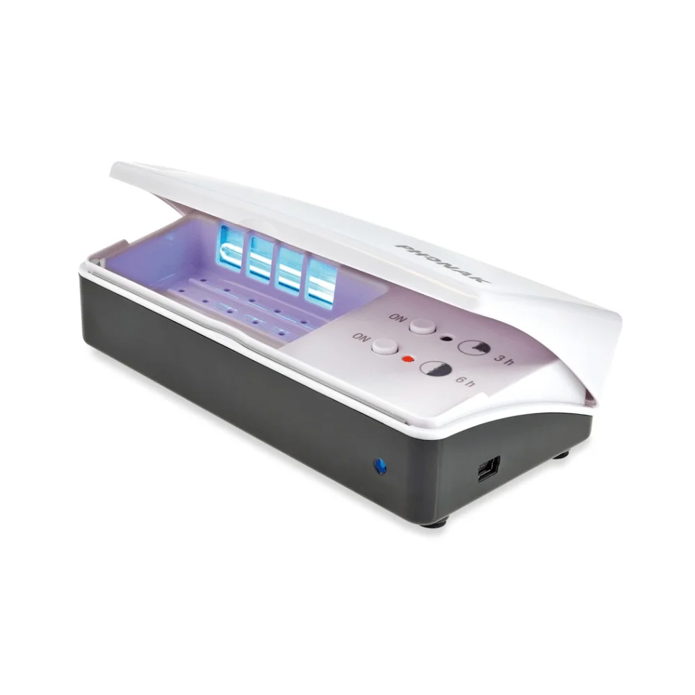 Phonak D-Dry box opened up as hearing aid drying box in a white background.