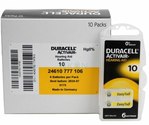 Duracell EasyTab/Activair Type 10 Hearing Aid Batteries Zinc Air Box of 10
