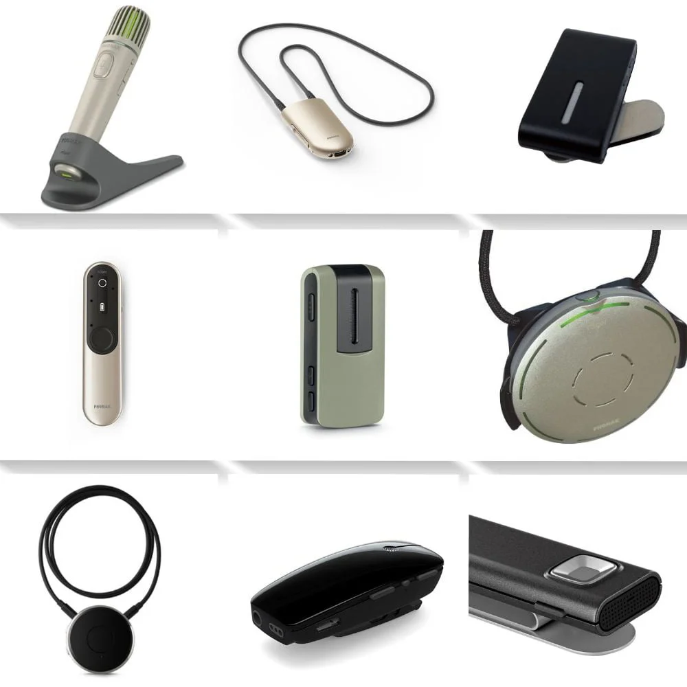 Collage of assistive technologies supporting hearing in education.