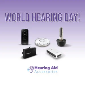 Banner image with hearing aids and accessories for the World Hearing Day 2024